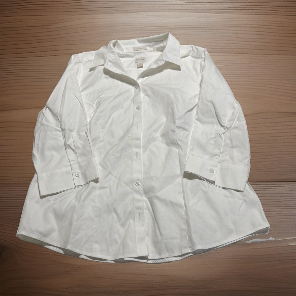 Chico's Women's White Solid Woven Collared Button-Up 3/4 Sleeve No-Iron 1